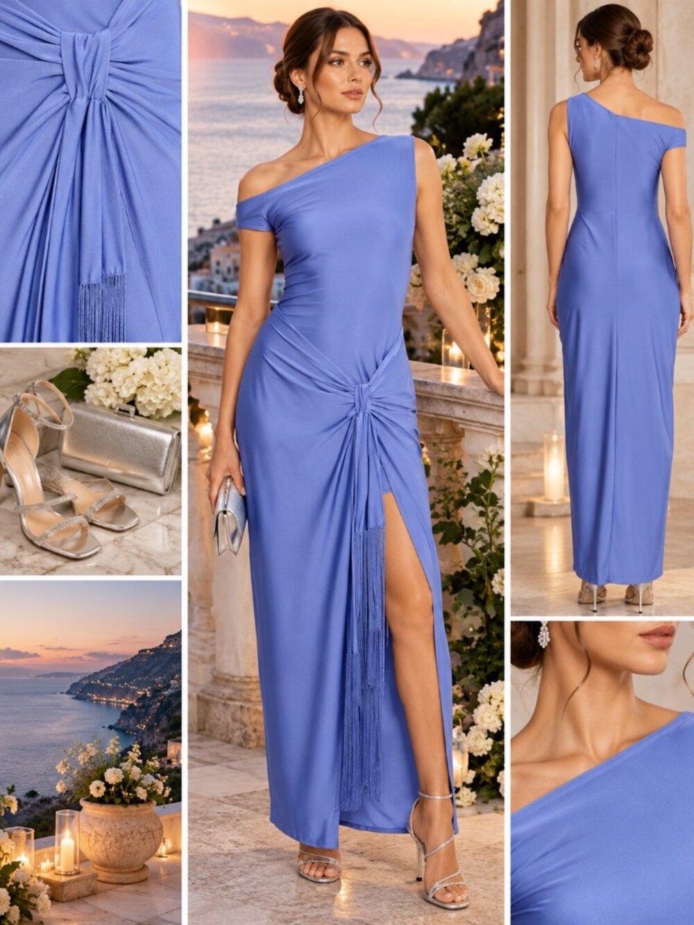 Avec Les Filles One Shoulder Ruched Fringe Maxi Dress Baja Blue Size L NWT